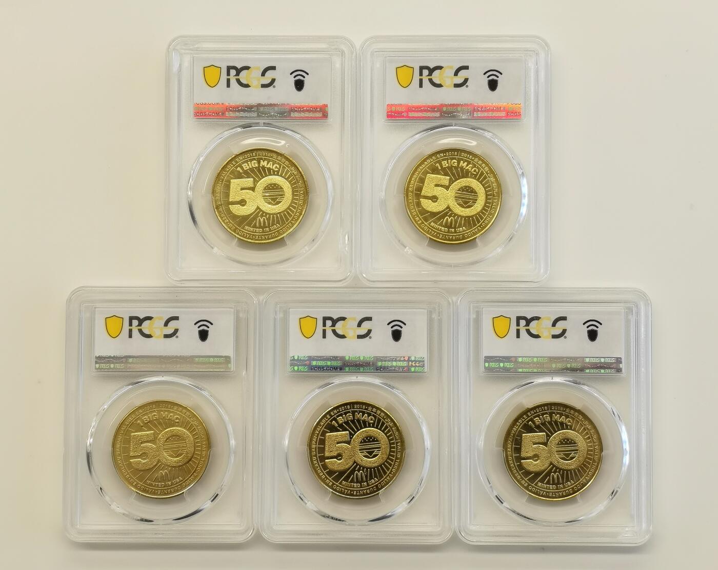 博洋堂世界钱币拍卖第097期（全场包邮） PCGS MS66 2018年麦当劳巨无霸汉堡上市50周年纪念Token全套5枚，全套评级高分非常少见