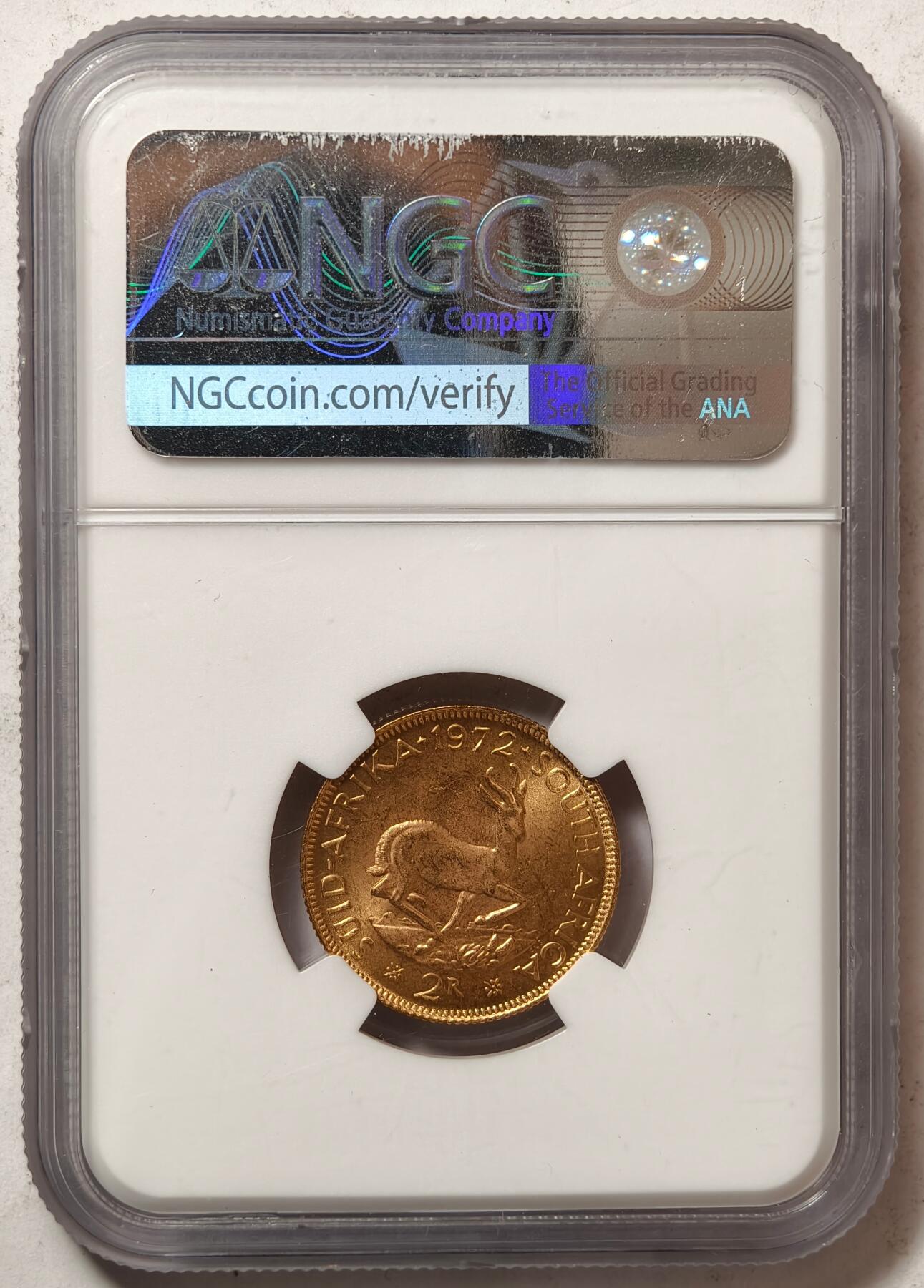 紫瑗钱币——第440期 南非 1972年 里贝克·扬·范里贝克 2兰特 7.98克 金币 NGC MS65