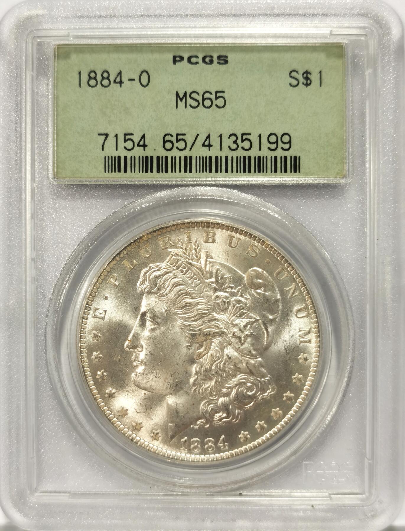博洋堂世界钱币拍卖第097期（全场包邮） PCGS MS65 美国1884-O摩根大银币，少见7位数绿标老盒