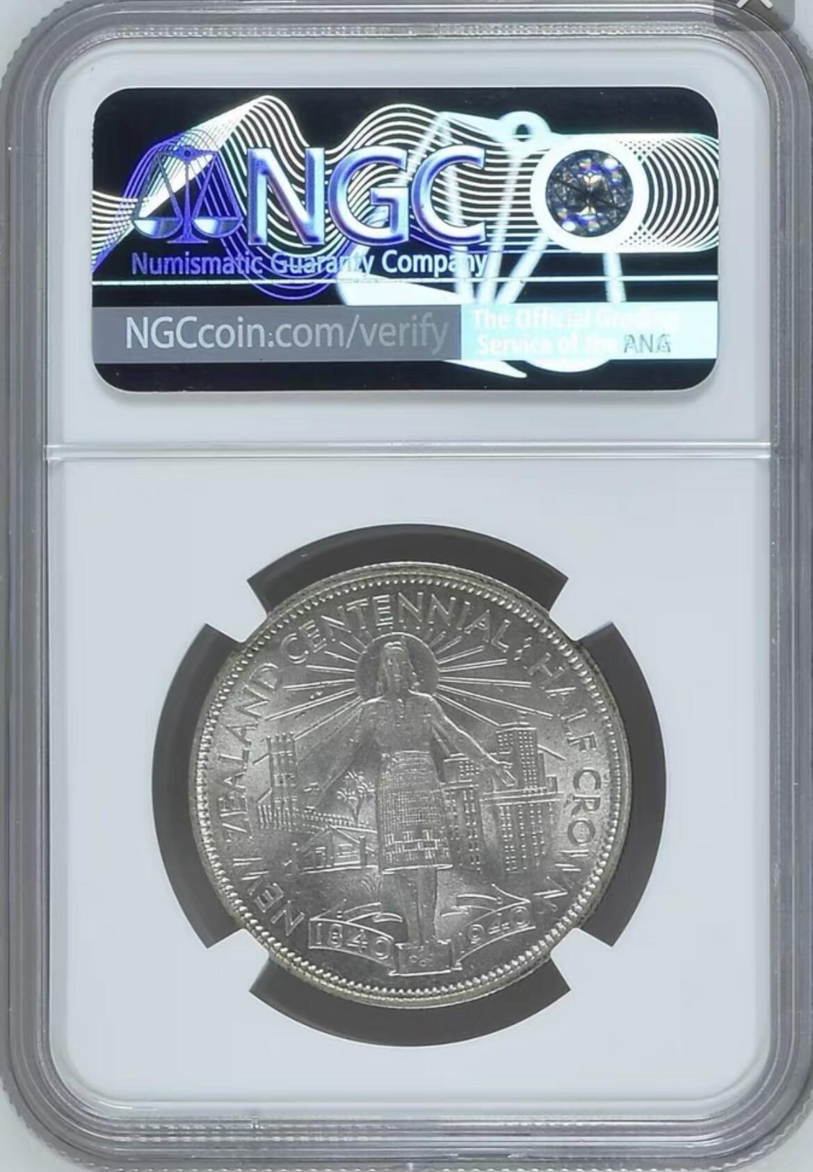 NGC-MS62英属新西兰1940年1/2克朗殖民百年纪念银币[003]