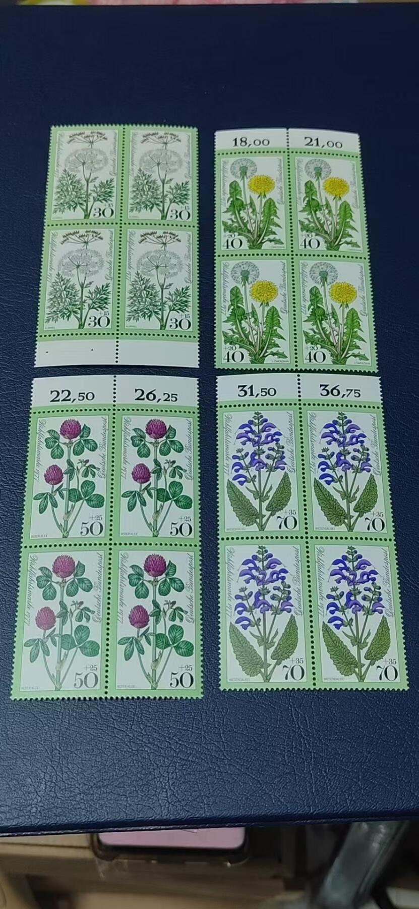 德国邮票专场，都是四方连套票！版别多多！ 德国邮票  四方联一套，1977年发行，草本植物花卉4全 ，品相如图