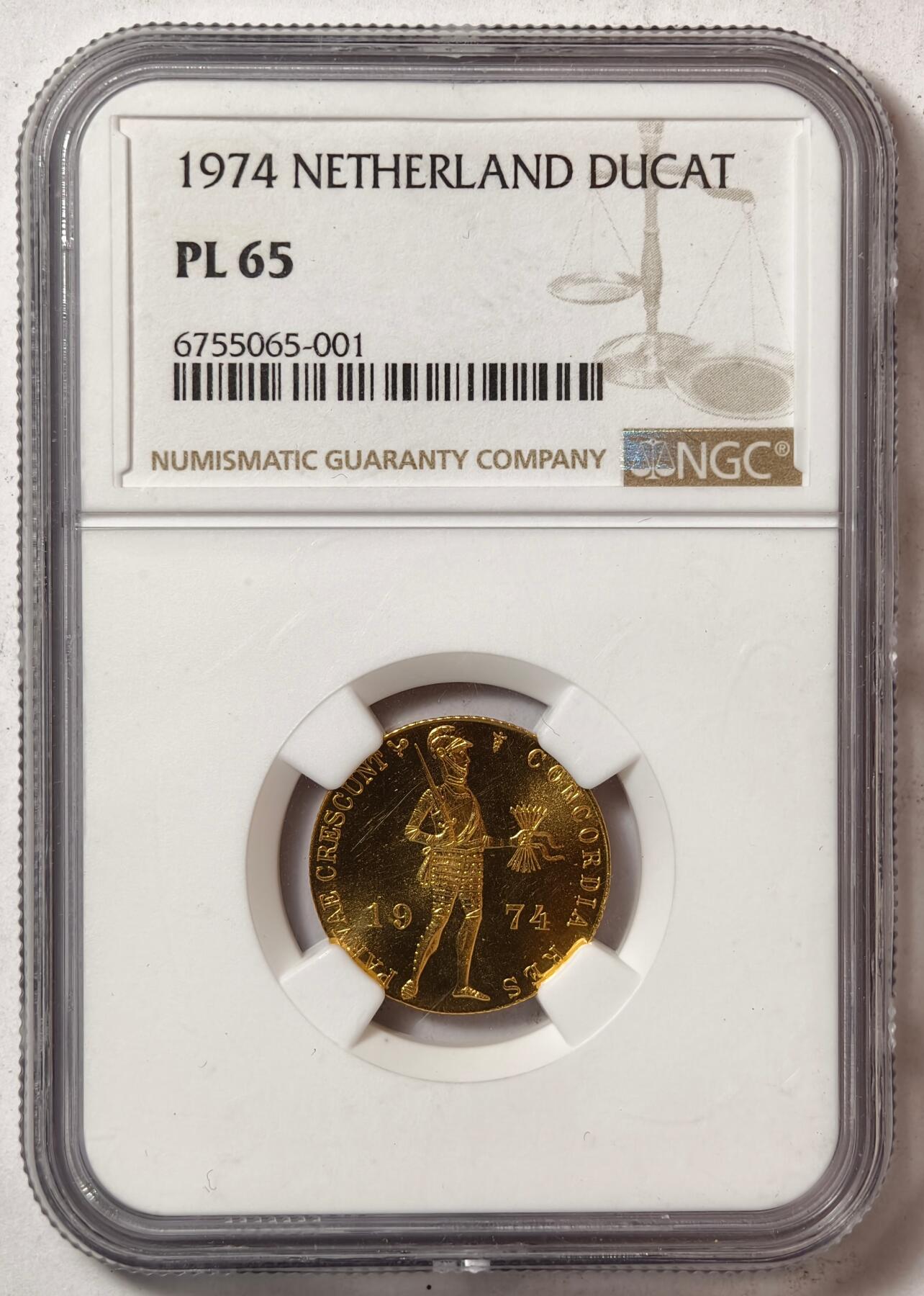 紫瑗钱币——第438期 荷兰 1974年 武士 1杜卡特 金币 NGC PL65 3.5克 0.983金