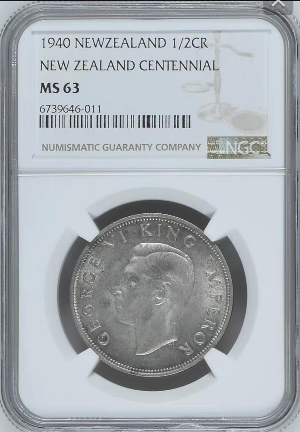 NGC-MS63英属新西兰1940年1/2克朗殖民百年纪念银币[011]