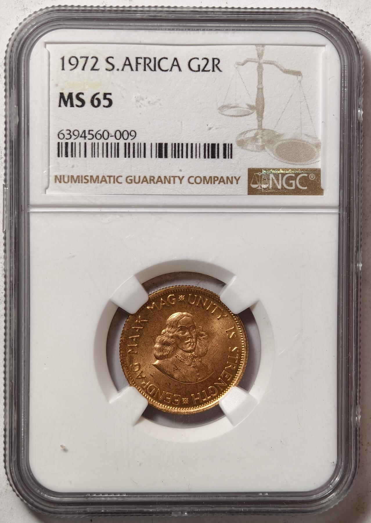 紫瑗钱币——第440期 南非 1972年 里贝克·扬·范里贝克 2兰特 7.98克 金币 NGC MS65