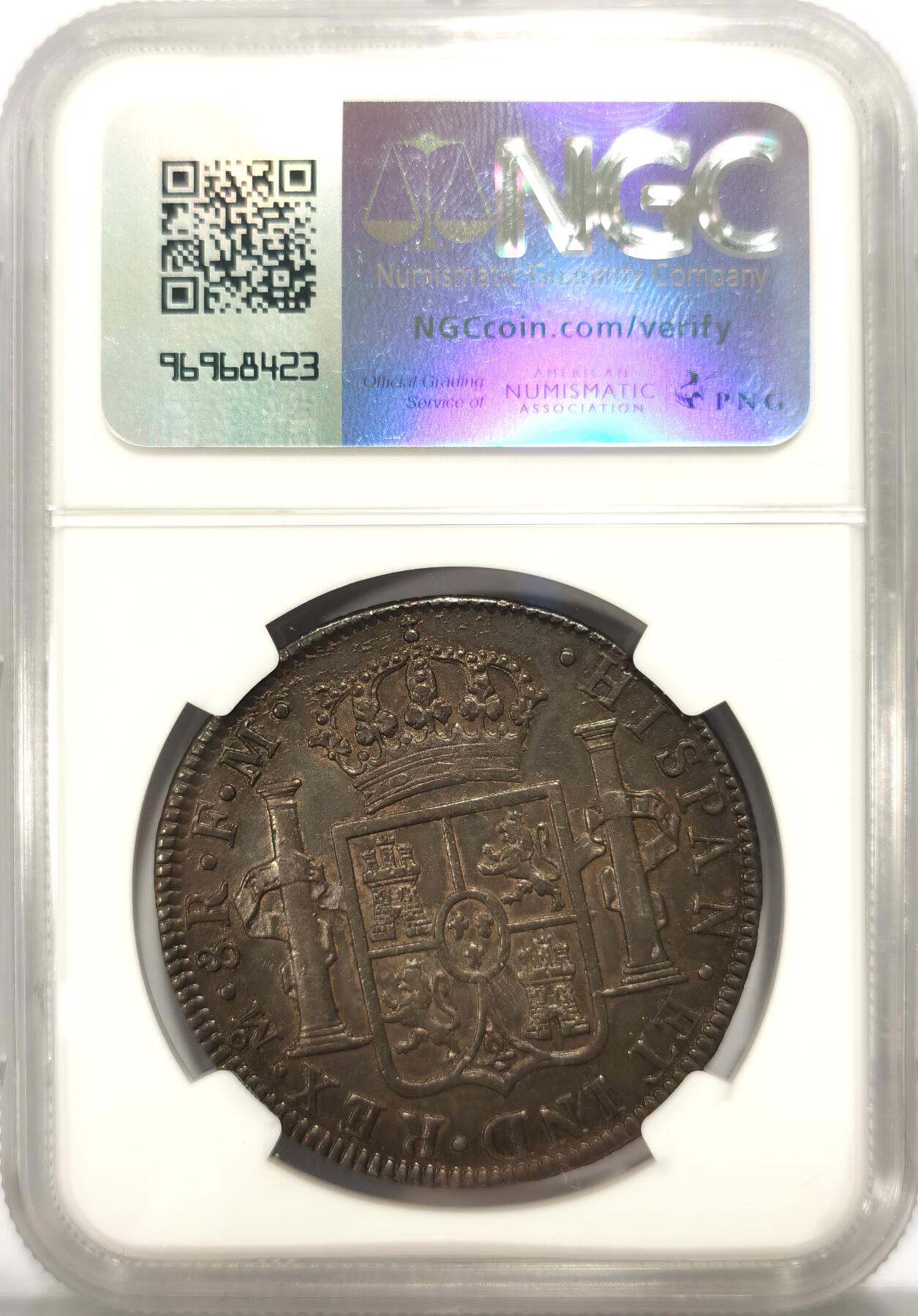 博洋堂世界钱币拍卖第097期（全场包邮） NGC AU 西属墨西哥1784年MO FM卡洛斯三世双柱银币，油润黑包浆，状态出众