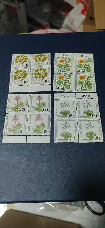 🔥套票🔥德国邮票专场，都是四方联套票 - 德国邮票  四方联一套，1981年发行，濒危野生植物花卉4全 ，品相如图