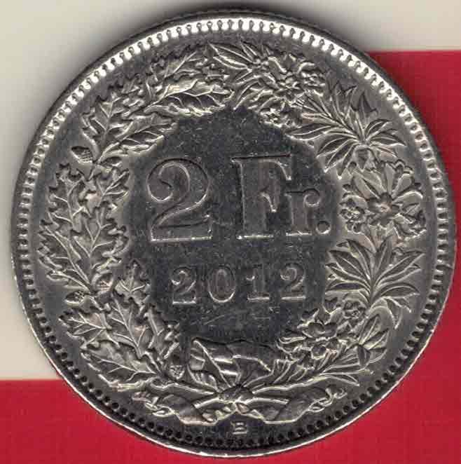 瑞士2012年2法郎 欧洲硬币 实物图 UNC-