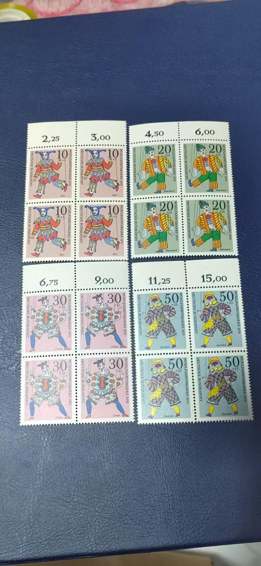 德国邮票专场，都是四方连套票！版别多多！ 德国邮票  四方联一套，1970年发行，西柏林提线木偶小丑四全，品相如图