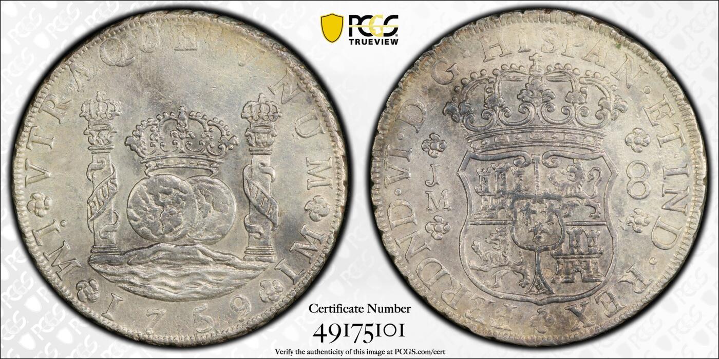 博洋堂世界钱币拍卖第097期（全场包邮） PCGS AU 西属秘鲁1759年LM JM斐迪南六世地球双柱8R银币，单点版，S.P.Rutherford名家旧藏