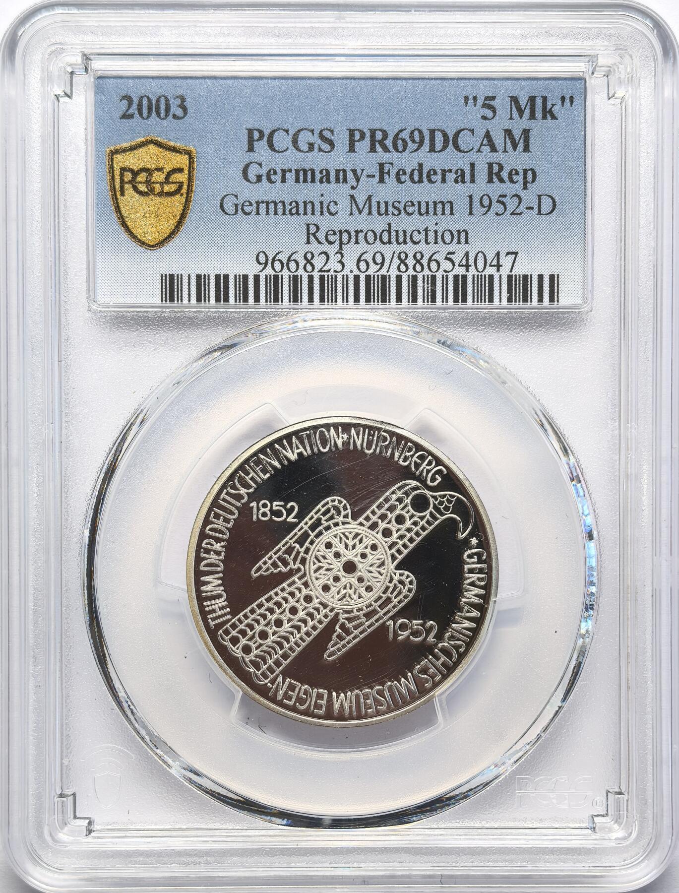 FXS世界钱币微拍第二百八十七期 2003德国纽伦堡博物馆5马克银币精铸PCGS-PF69DCAM