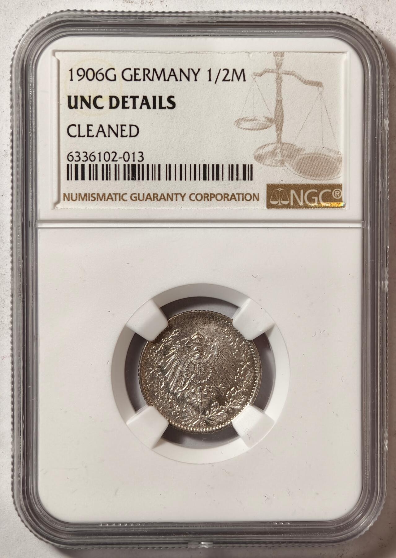 紫瑗钱币——第466期 德国 1906年 G厂 第二帝国 长翅 1/2马克 银币 NGC UNC DETAIL