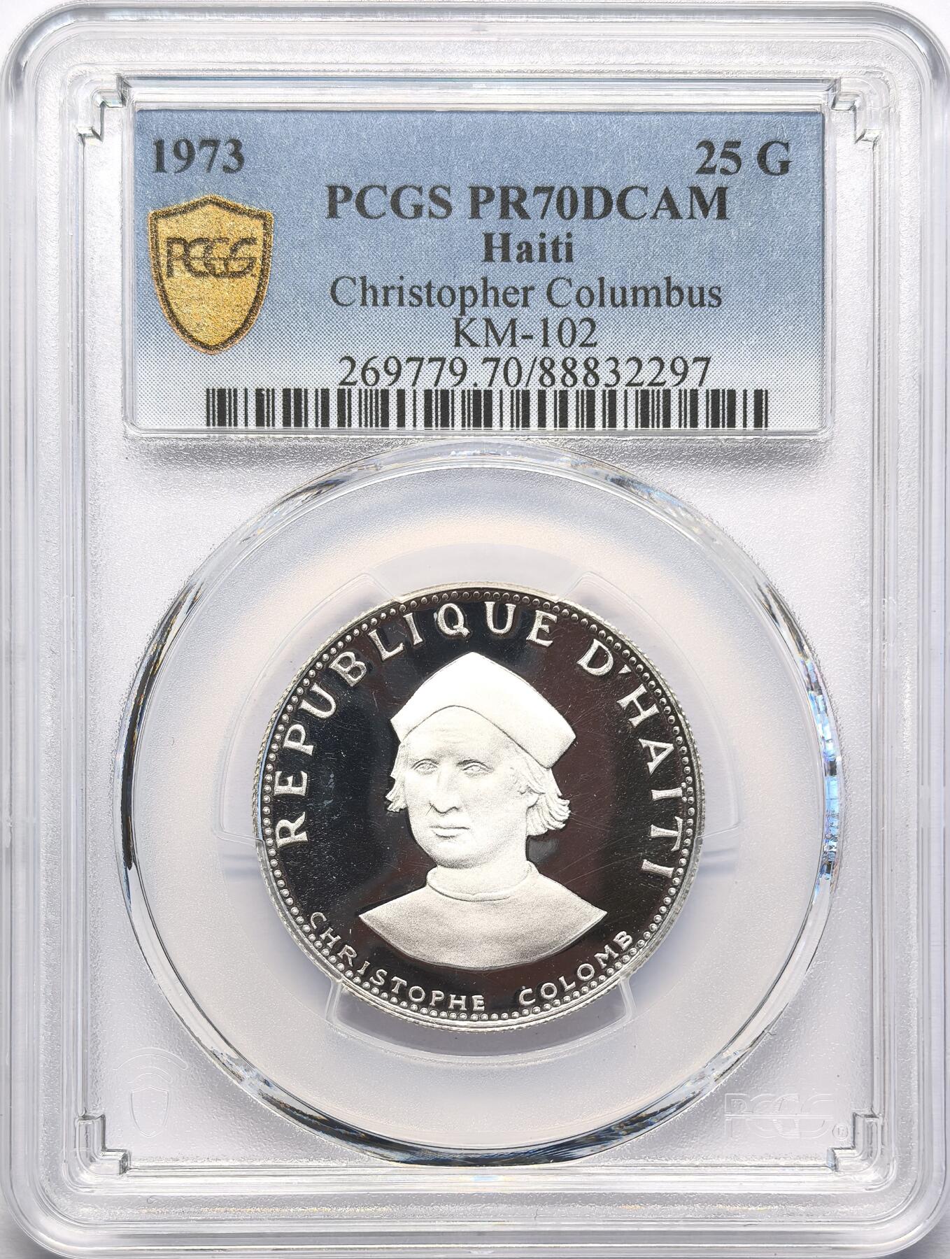 FXS世界钱币微拍第二百八十七期 1973海地哥伦布纪念25G银币精铸PCGS-PF70DCAM
