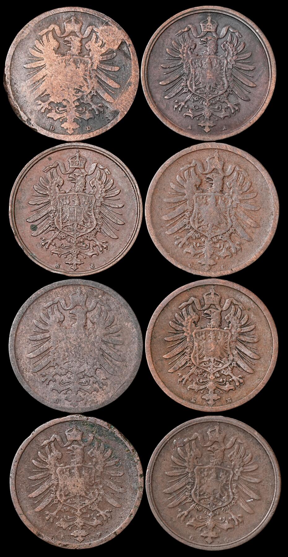 修遠堂世界钱币第四十五期 全场包邮 散币裸币专场 1873-1874年德国2芬尼铜币一组 厂铭均不重复