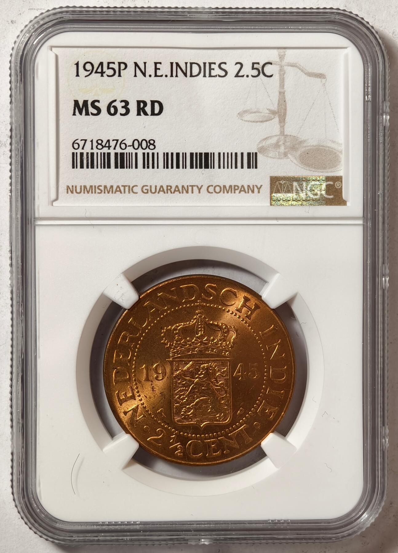 紫瑗钱币——第444期 荷属东印度 1945年 P版 2.5分 铜币 NGC MS63 RD