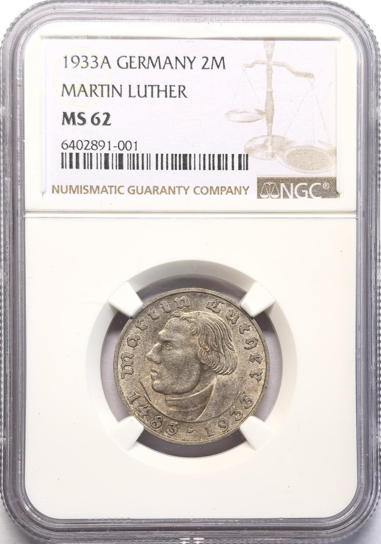 FXS世界钱币微拍第二百八十七期 1933A德国马丁路德2马克纪念银币NGC-MS62
