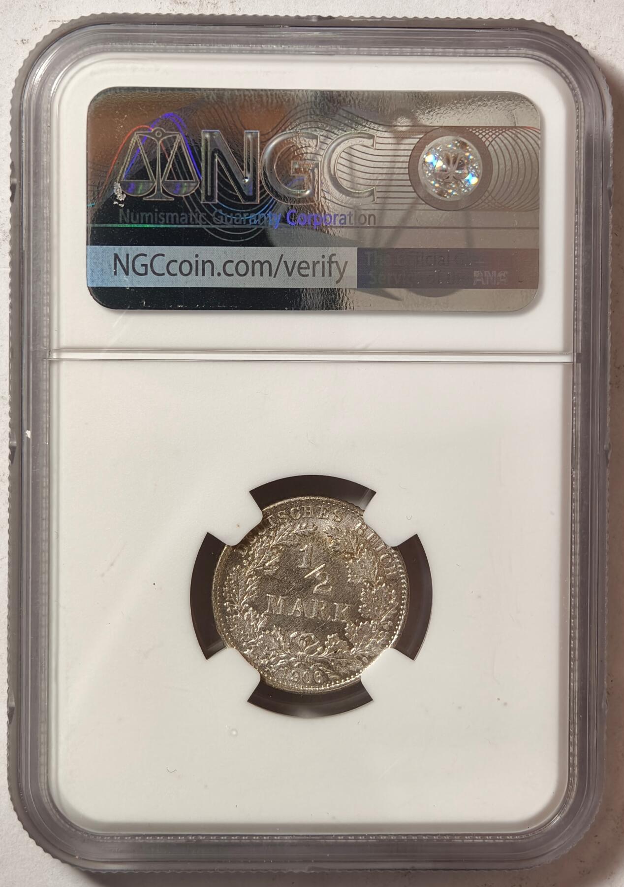 紫瑗钱币——第466期 德国 1906年 G厂 第二帝国 长翅 1/2马克 银币 NGC UNC DETAIL