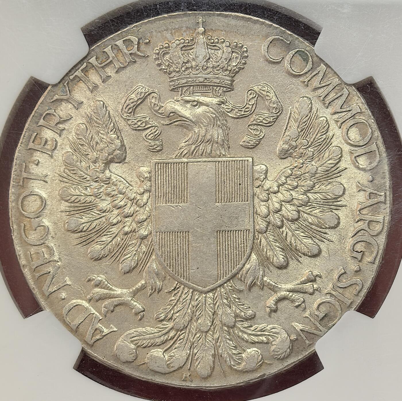 FXS世界钱币微拍第二百八十七期 1918意属厄立特里亚TALLERO大银NGC-AU58，意大利为殖民地铸造的大型银元，模仿奥地利特蕾莎银元，流通量不大，高等级稀有。实物浅金薄彩，王冠鹰细节出色！