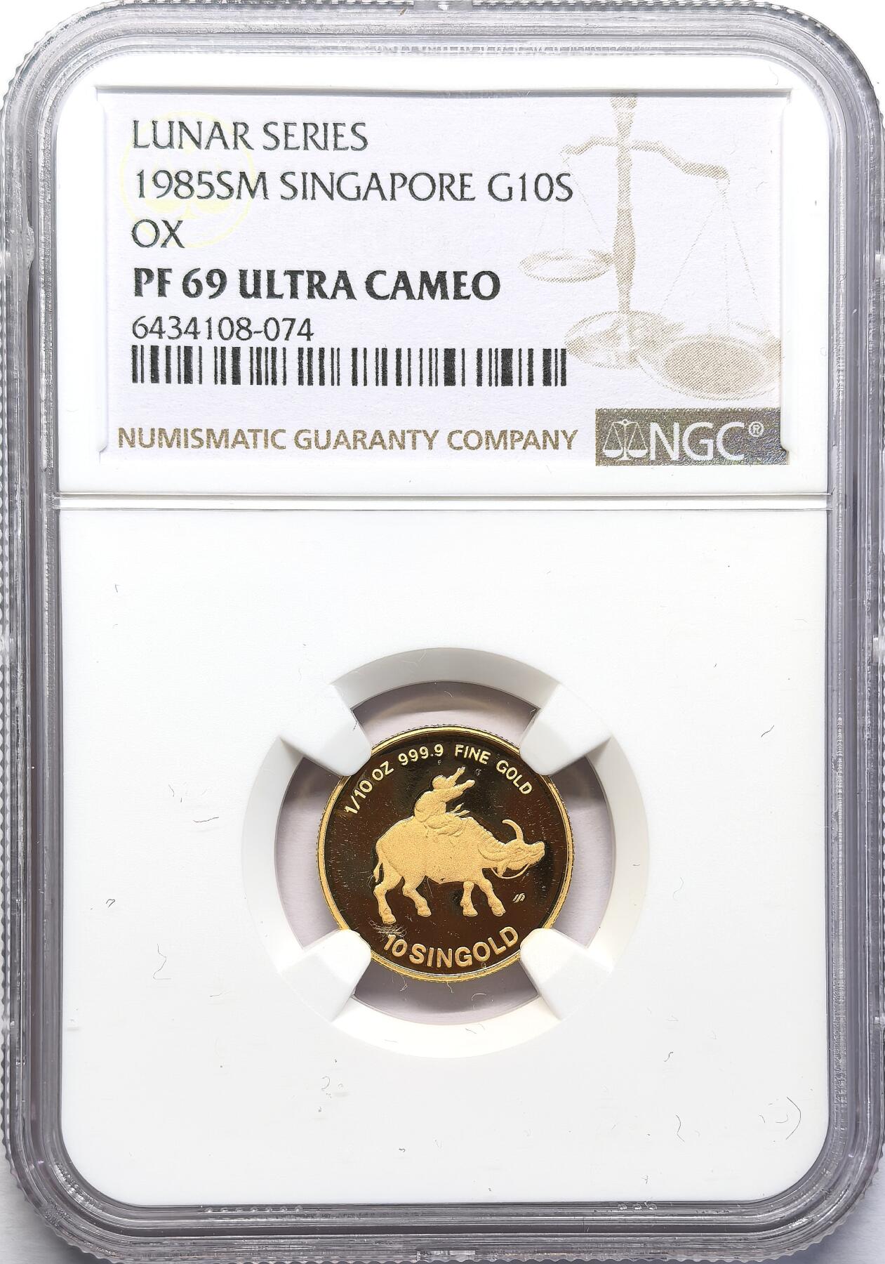 FXS世界钱币微拍第二百八十七期 1985新加坡乙丑牛年10元金币NGC-PF69UC，“劳苦功高”，含纯金1/10盎司。