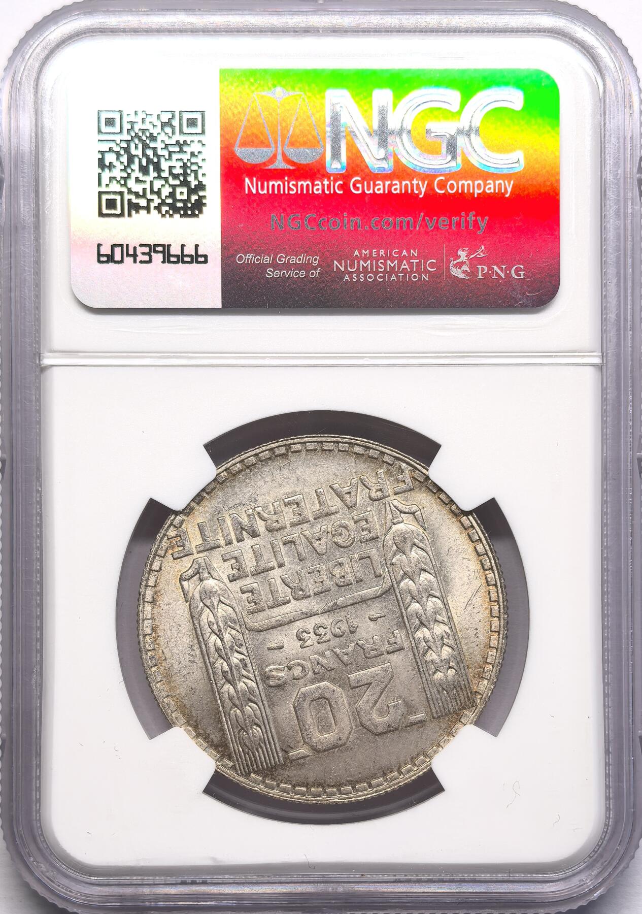FXS世界钱币微拍第二百八十七期 1933法国自由帽女神20法郎大银NGC-MS63