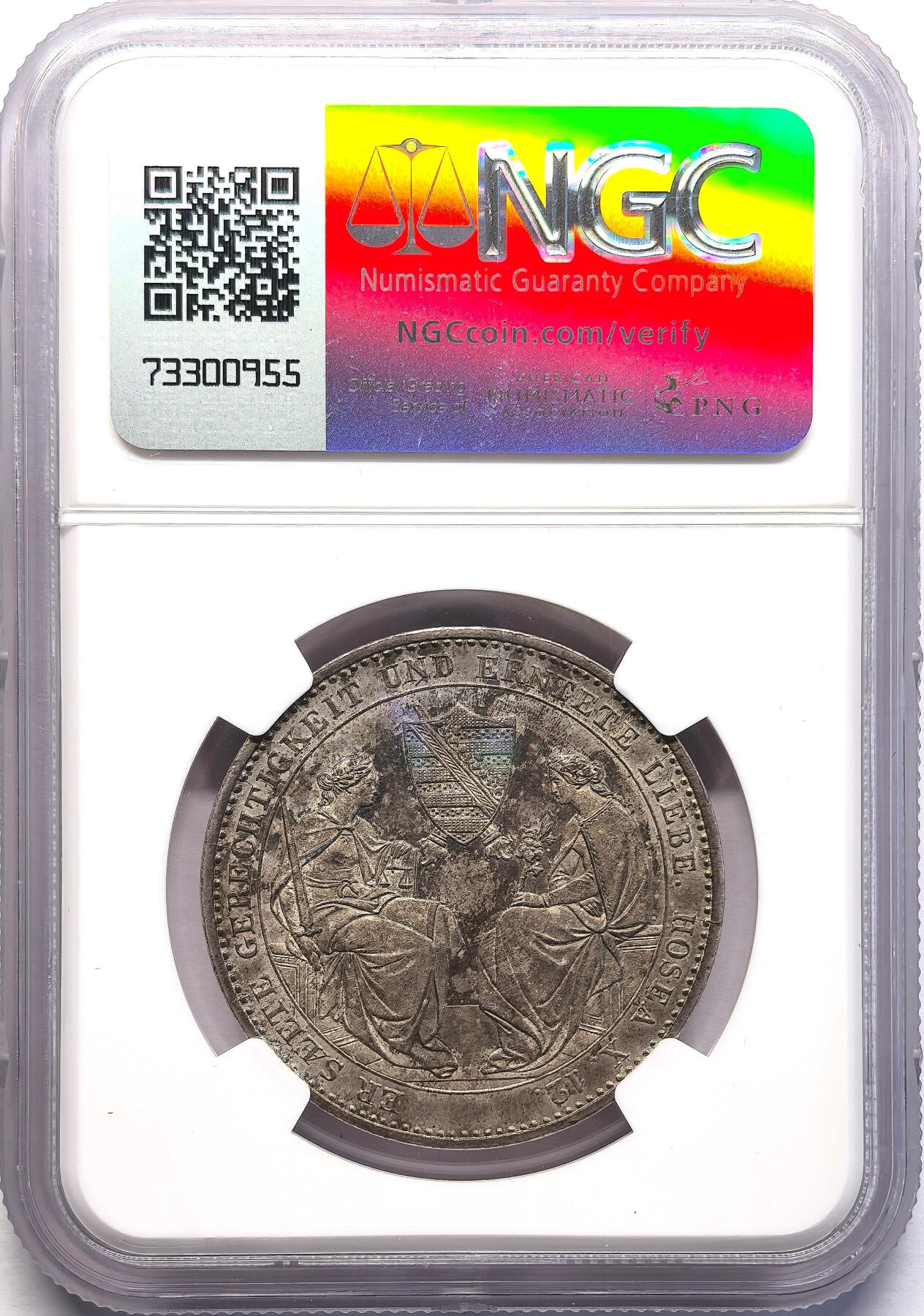 FXS世界钱币微拍第二百八十七期 1854F德国萨克斯国王逝世纪念泰勒NGC-UNCD，错杀，一色深灰彩，完全看不出正面清洗痕迹，重评出分几率不小。