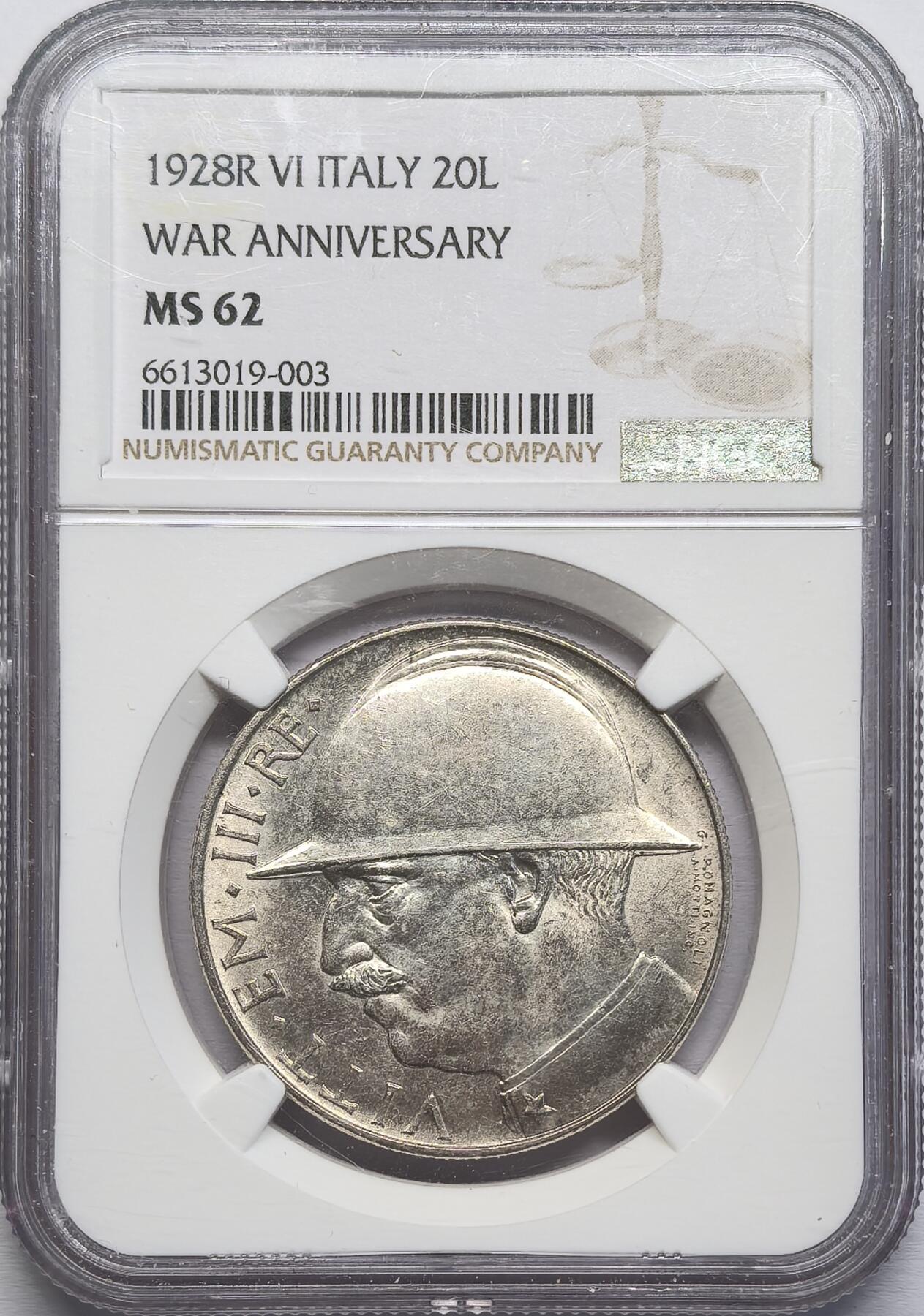 FXS世界钱币微拍第二百八十七期 荐！1928意大利纪念一战10周年20里拉大银NGC-MS62，消防员头盔的经典图案，背面铭文：“宁做一天雄狮，不做白日绵羊”
