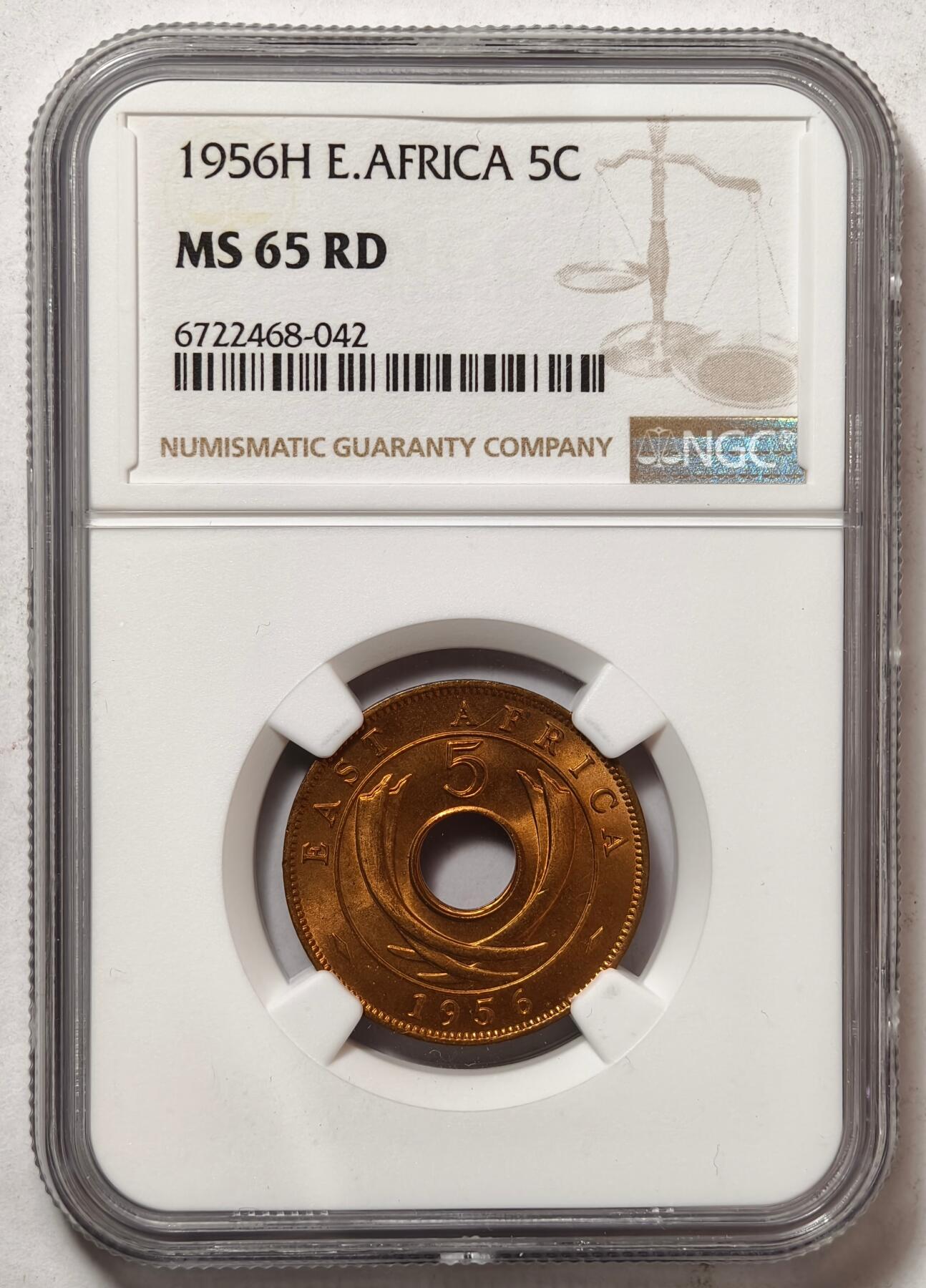 紫瑗钱币——第460期 英属东非 1956年 H版 伊丽莎白二世 5分 红铜币 NGC MS65 RD