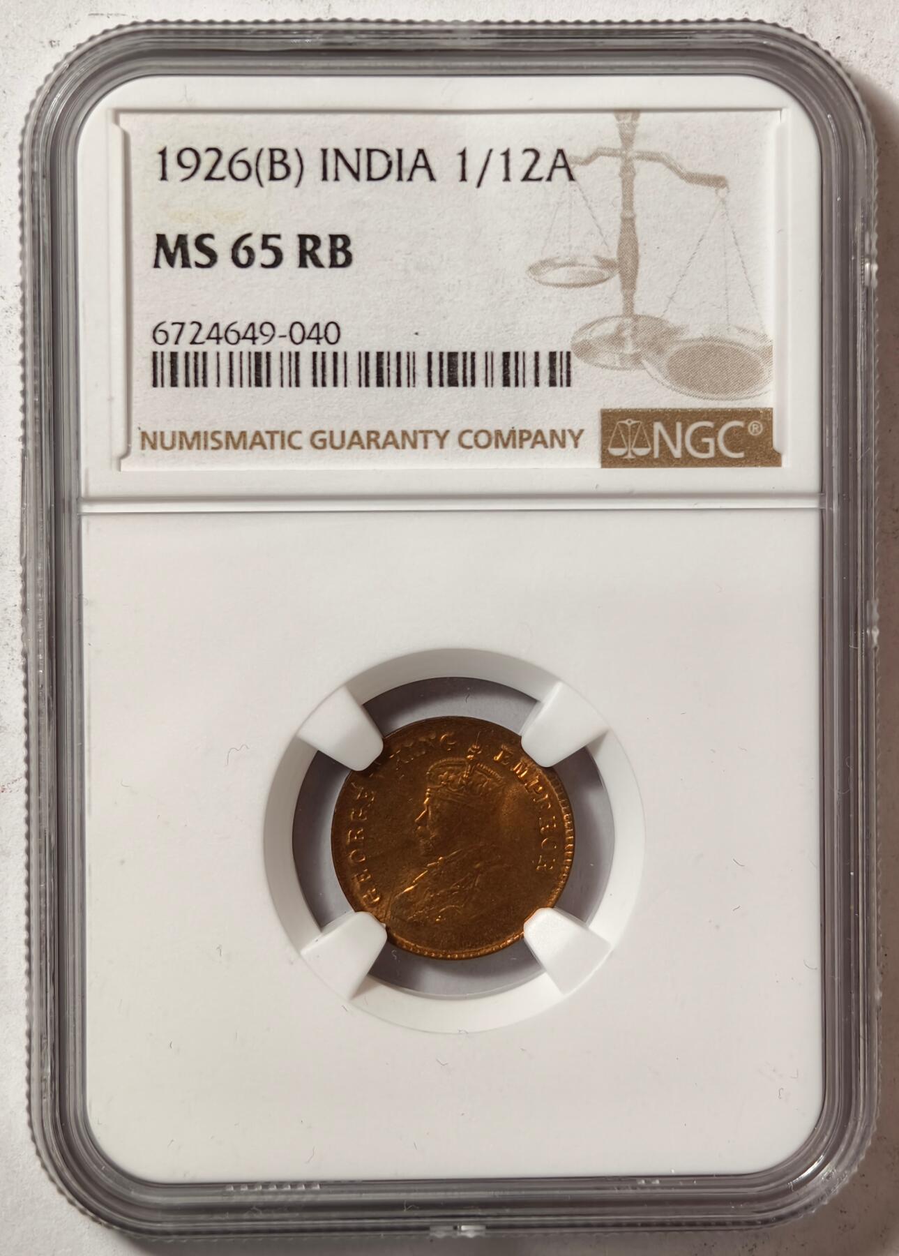 紫瑗钱币——第444期 英属印度 1926年 B版 乔治五世 1/12安娜 铜币 NGC M65RB
