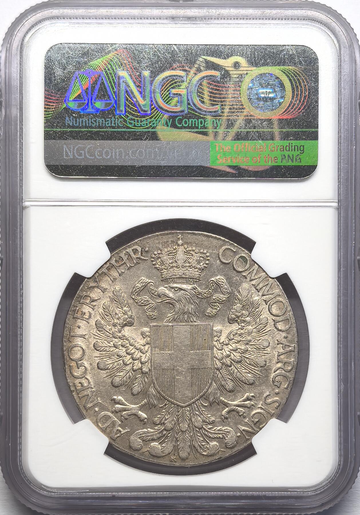 FXS世界钱币微拍第二百八十七期 1918意属厄立特里亚TALLERO大银NGC-AU58，意大利为殖民地铸造的大型银元，模仿奥地利特蕾莎银元，流通量不大，高等级稀有。实物浅金薄彩，王冠鹰细节出色！