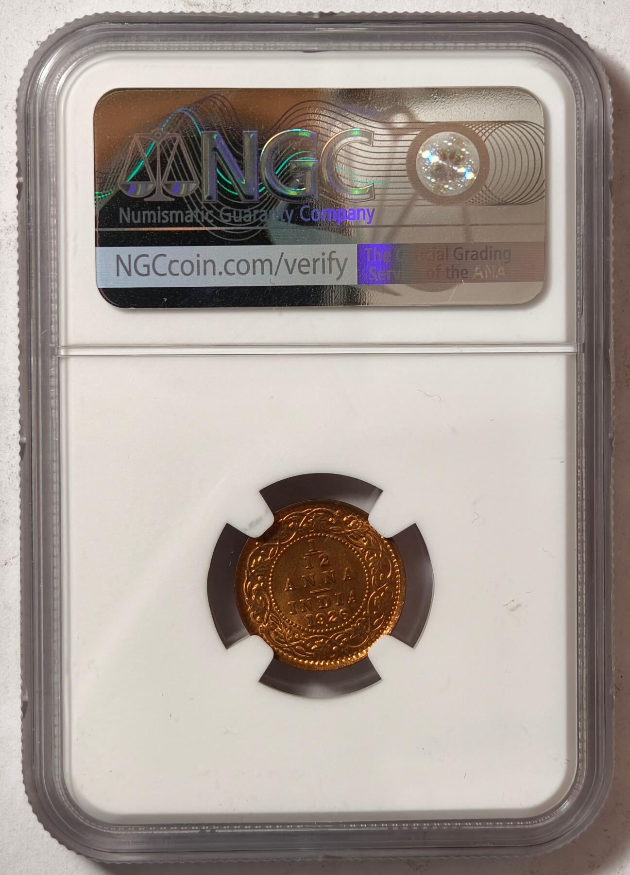 紫瑗钱币——第444期 英属印度 1926年 B版 乔治五世 1/12安娜 铜币 NGC M65RB