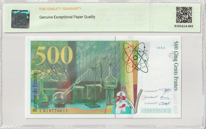 收藏联盟Quantum Auction 第387期拍卖  法国1994年500法郎 TQG 67GEPQ 居里夫人 号码全程无4