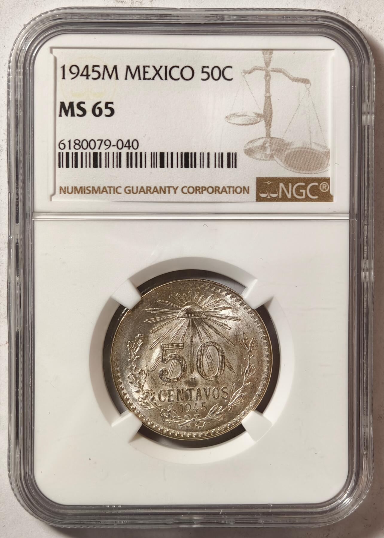 紫瑗钱币——第466期 墨西哥 1945年 M版 鹰洋 50分 银币 NGC MS65