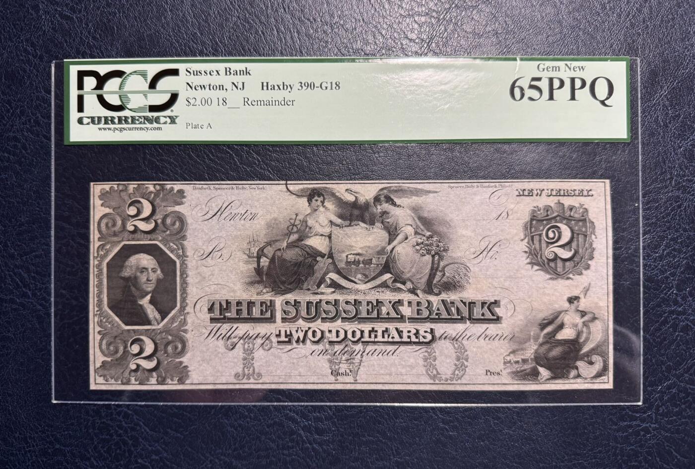 收藏联盟Quantum Auction 第387期拍卖  新泽西州苏塞克斯18XX年2元 PCGS65 PPQ