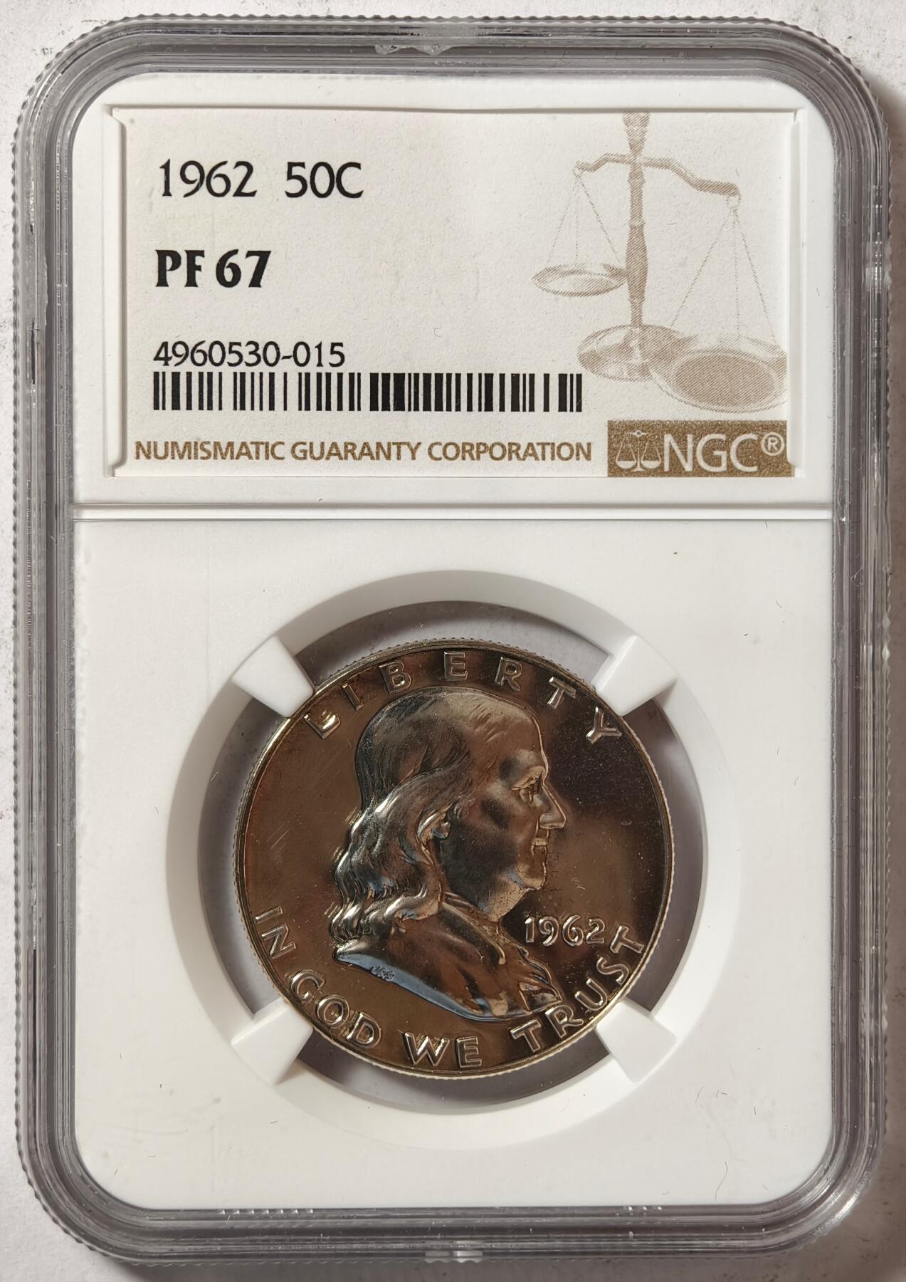 紫瑗钱币——第444期 美国 1962年 富兰克林 50美分 半美元 12.5克 0.9银 NGC PF67 