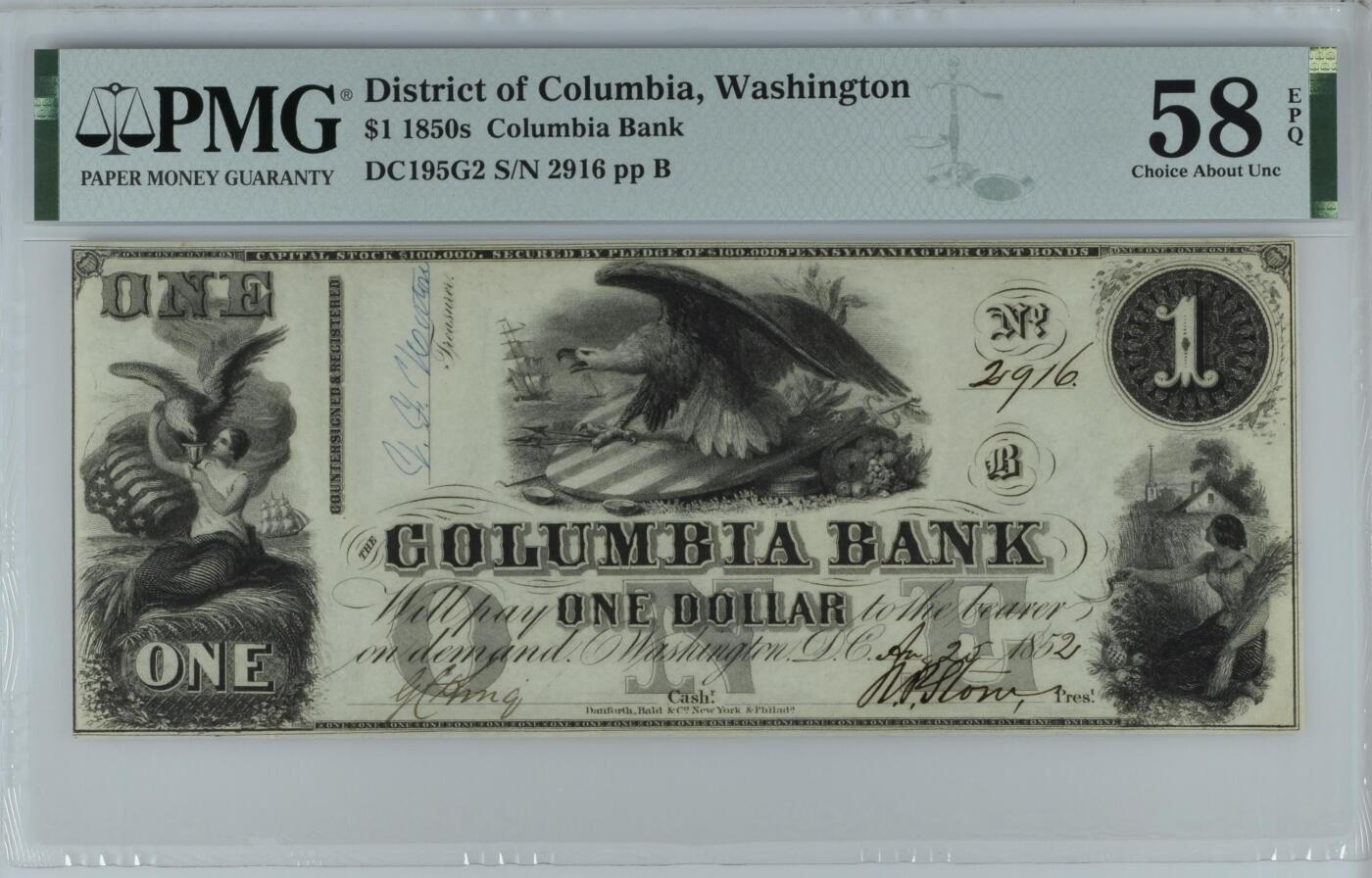 收藏联盟Quantum Auction 第387期拍卖  华盛顿哥伦比亚区1850s年1元 PMG58E 带签和编号实票
