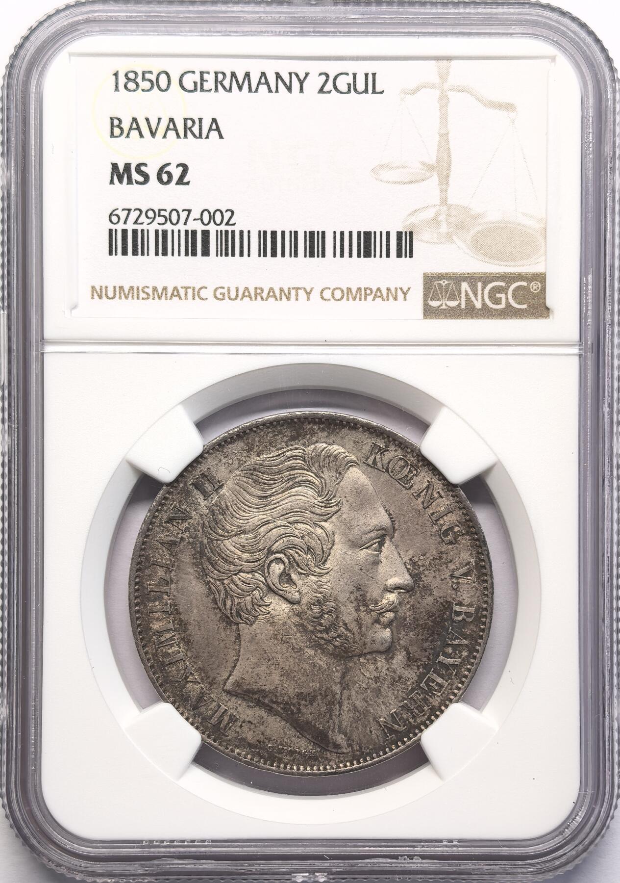 FXS世界钱币微拍第二百八十七期 1850德国巴伐利亚双狮2古尔登大银NGC-MS62，褐色包浆，细节优秀，底板特别丝滑的一枚，略低评了。