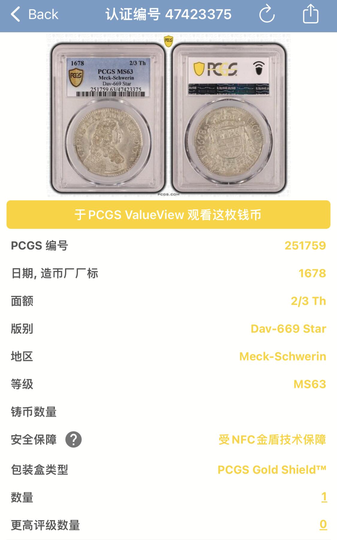 FXS世界钱币微拍第二百八十七期 荐！1678德国梅克伦堡什未林路德维希一世2/3泰勒PCGS-MS63，原色银光压铸细节一流，真正惊人的藏家品质，P唯一最高分！