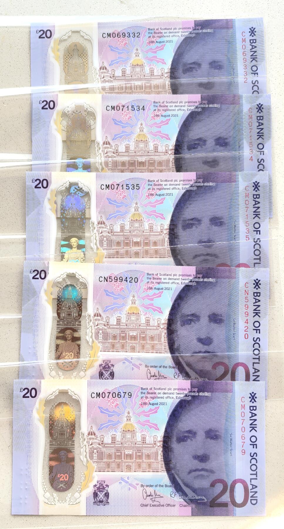 FXS世界钱币微拍第二百八十七期 苏格兰银行20英镑塑料钞五枚一组，全新挺版