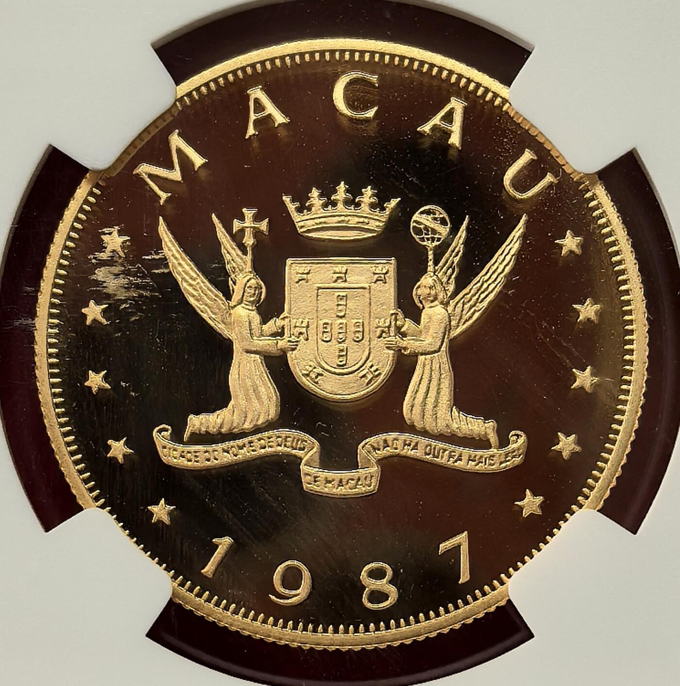 FXS世界钱币微拍第二百八十七期 1987中国澳门丁卯兔年1000元金币NGC-PF70UC，完美无瑕，N冠军分！15.976g，917金。，