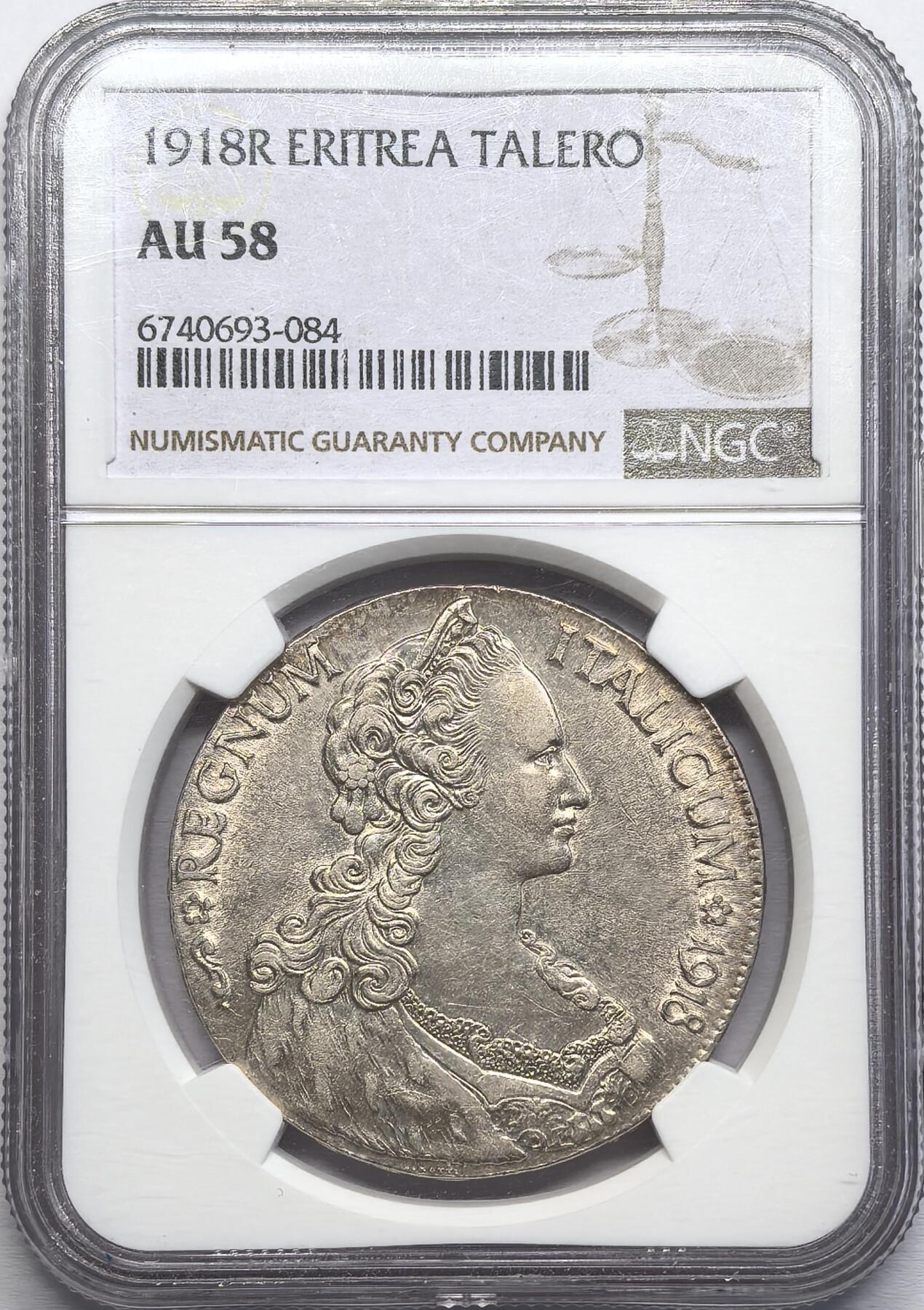 FXS世界钱币微拍第二百八十七期 1918意属厄立特里亚TALLERO大银NGC-AU58，意大利为殖民地铸造的大型银元，模仿奥地利特蕾莎银元，流通量不大，高等级稀有。实物浅金薄彩，王冠鹰细节出色！