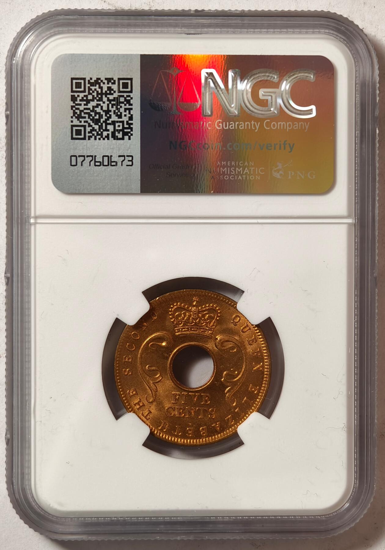 紫瑗钱币——第444期 英属东非 1956年 H版 伊丽莎白二世 5分 红铜币 NGC MS65 RD