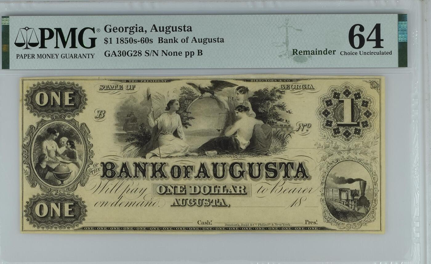 收藏联盟Quantum Auction 第387期拍卖  佐治亚州1850s-60s年1元 PMG64