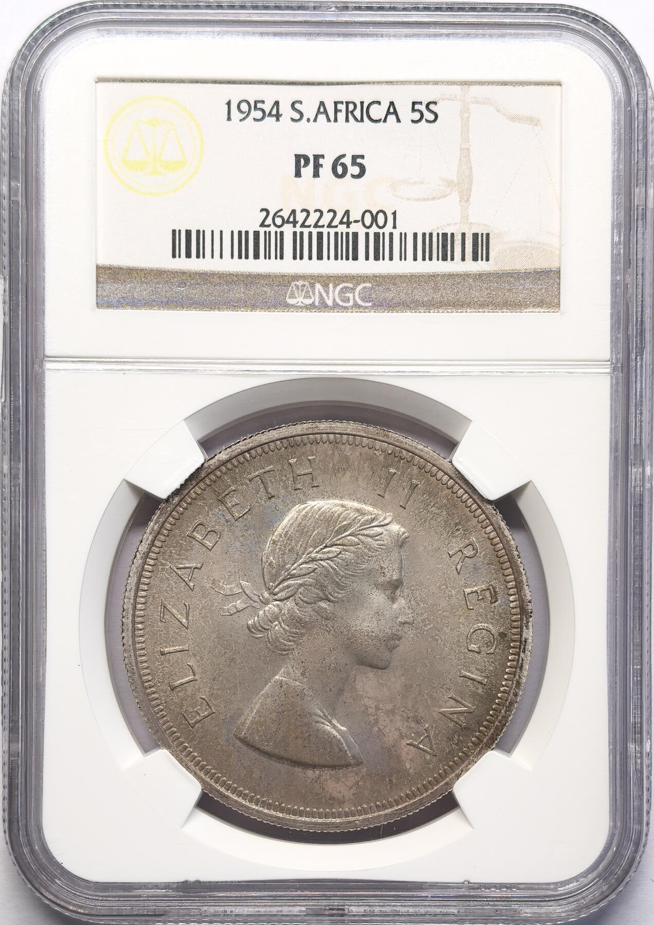FXS世界钱币微拍第二百八十七期 1954南非伊丽莎白5先令大银精铸NGC-PF65