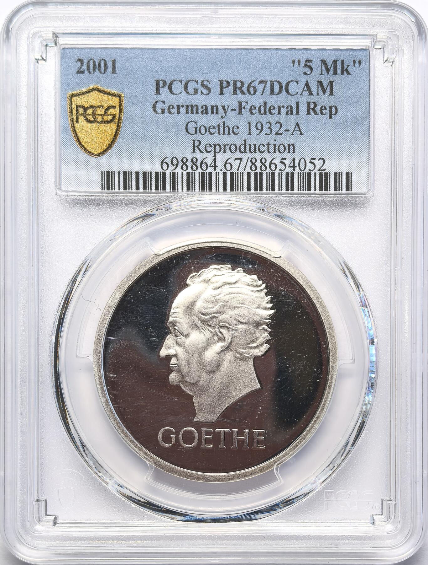 FXS世界钱币微拍第二百八十七期 2001德国歌德5马克大银后铸品PCGS-PF67DCAM