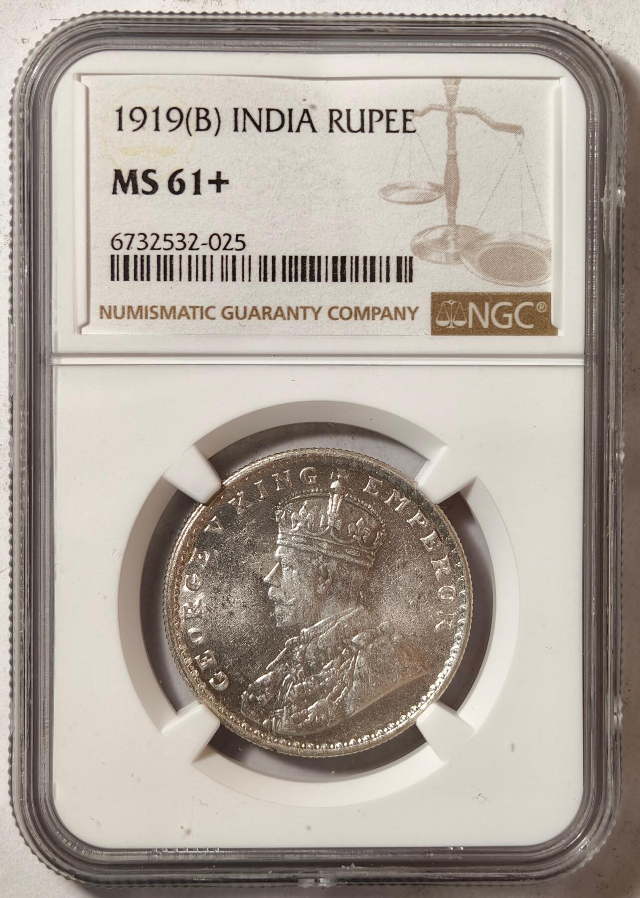 紫瑗钱币——第444期 英属印度 1919年 B版 乔治五世 1卢比 银币 NGC MS61＋