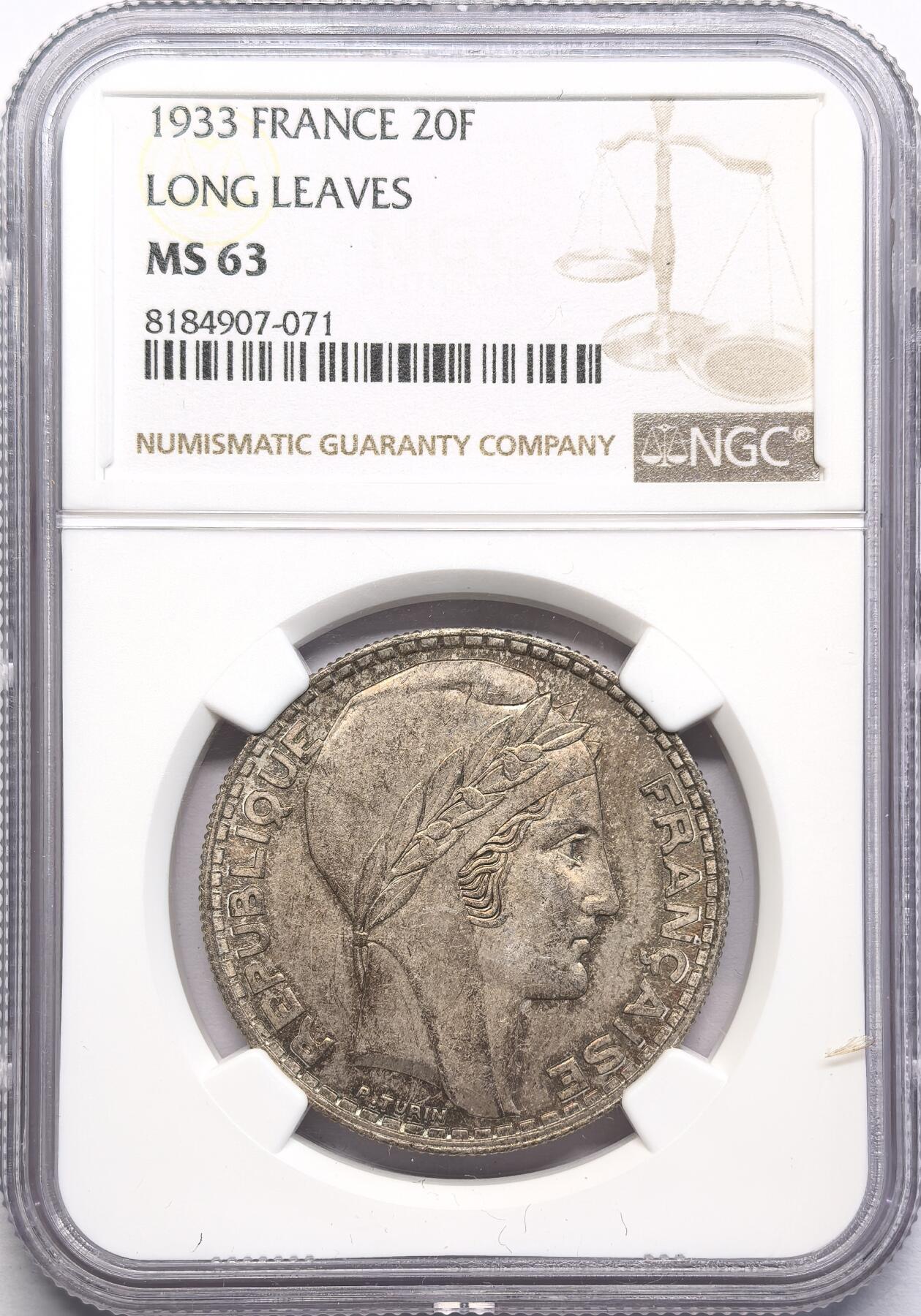 FXS世界钱币微拍第二百八十七期 1933法国自由帽女神20法郎大银NGC-MS63