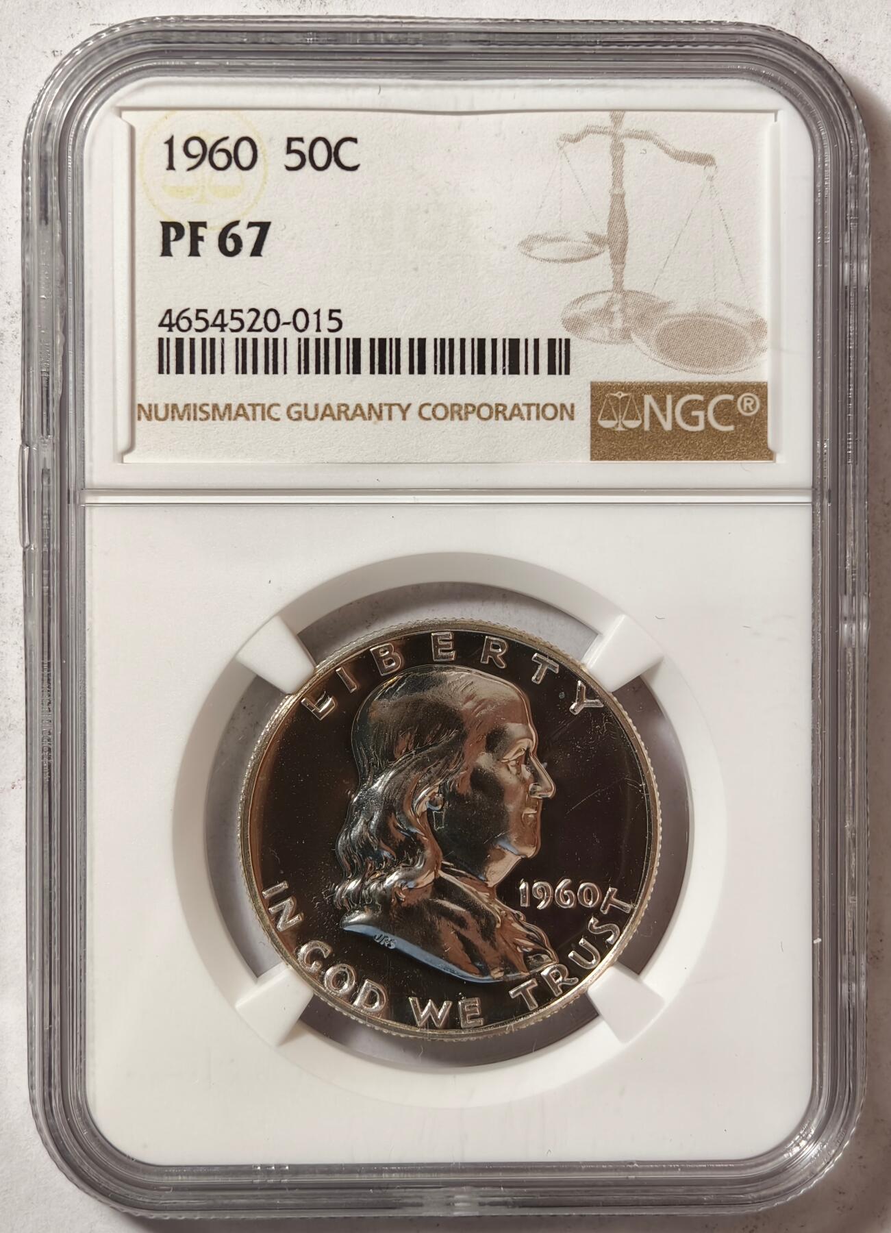 紫瑗钱币——第444期  美国 1960年 富兰克林 50美分 半美元 12.5克 0.9银 NGC PF67