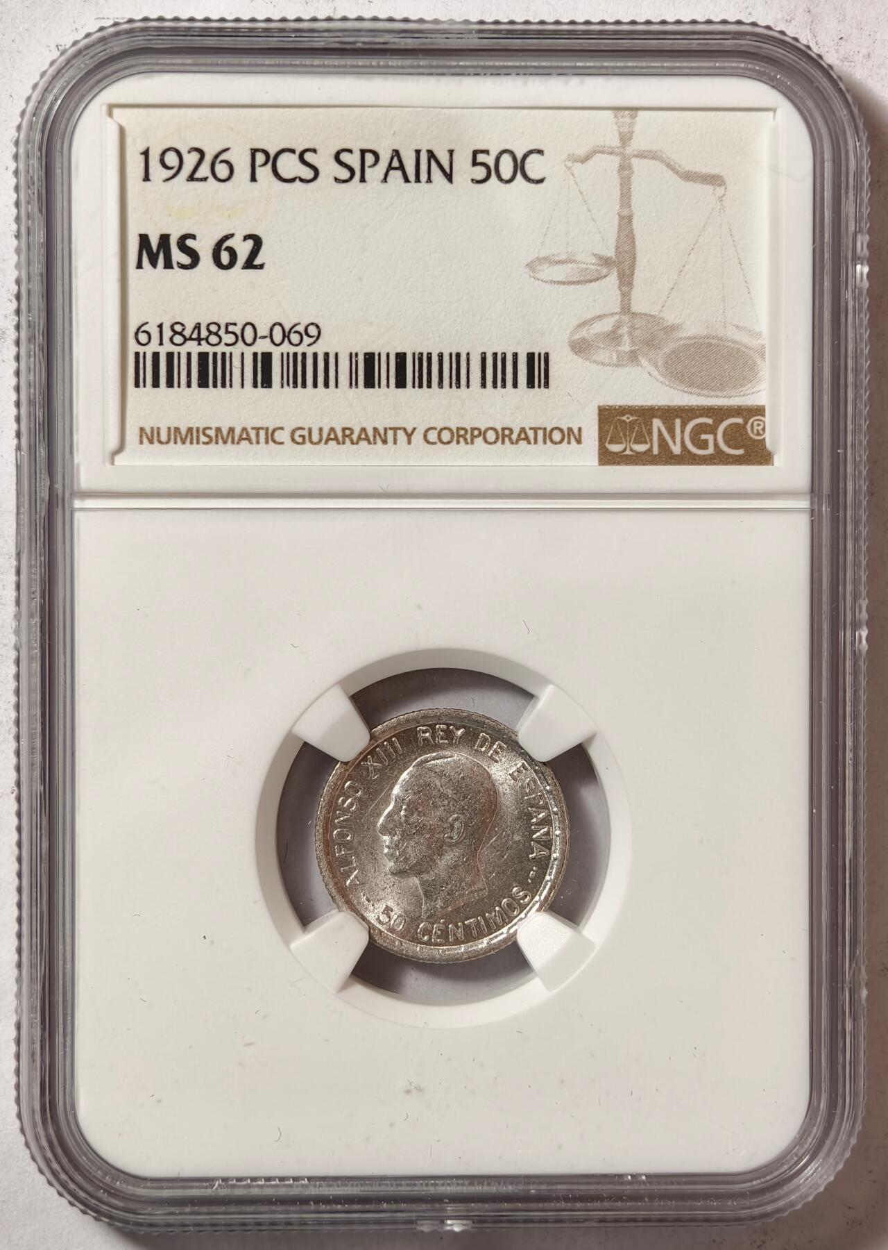 紫瑗钱币——第444期 西班牙 1926年 阿方索十三世 50分银币 NGC MS62