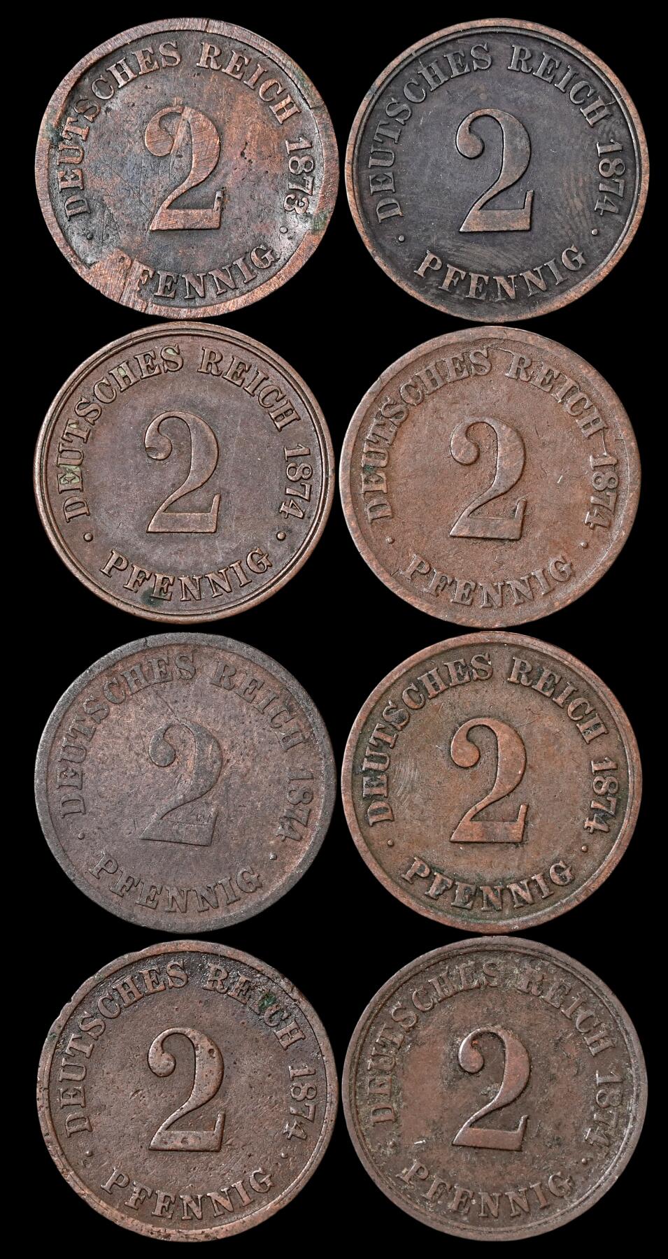 修遠堂世界钱币第四十五期 全场包邮 散币裸币专场 1873-1874年德国2芬尼铜币一组 厂铭均不重复