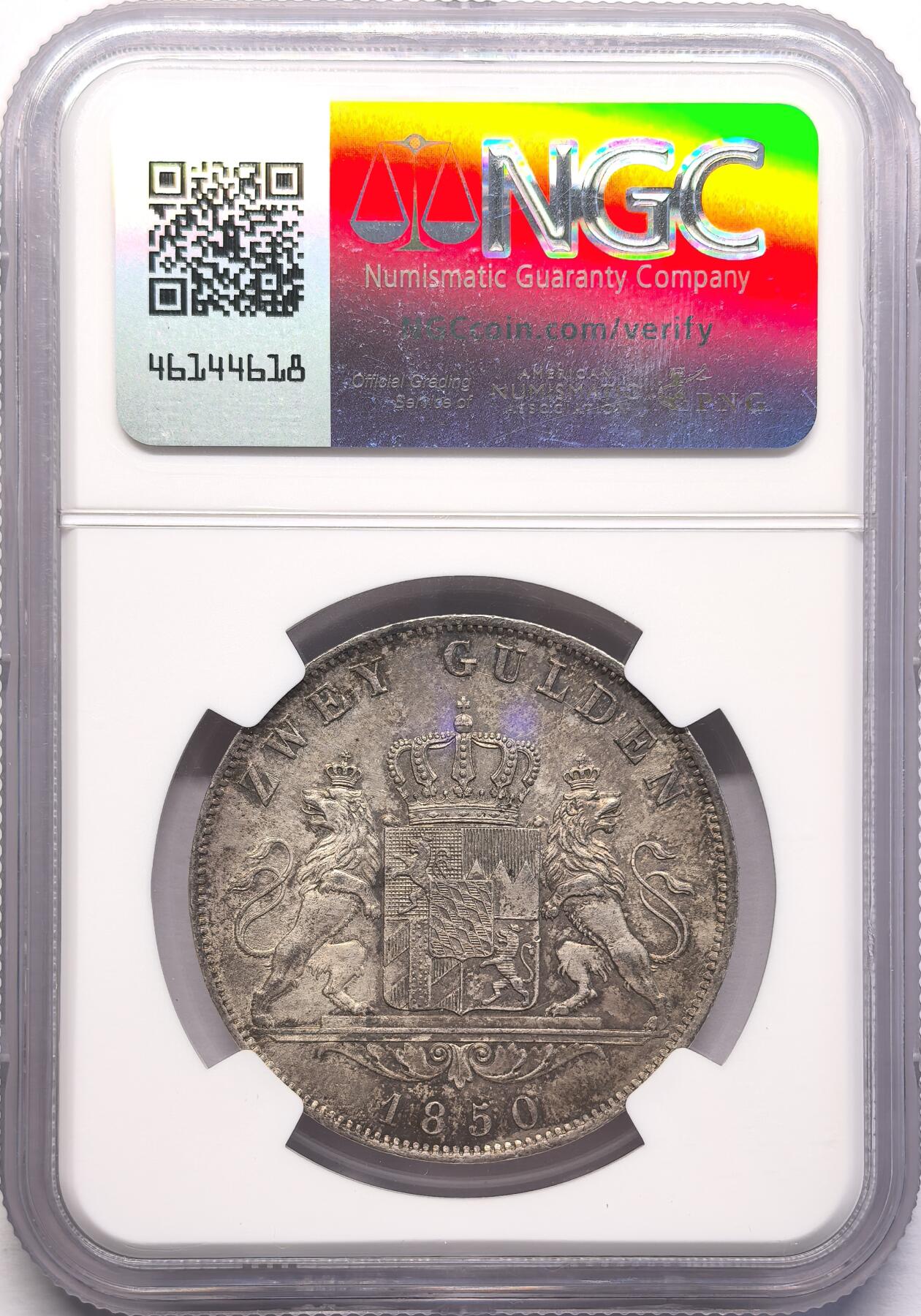 FXS世界钱币微拍第二百八十七期 1850德国巴伐利亚双狮2古尔登大银NGC-MS62，褐色包浆，细节优秀，底板特别丝滑的一枚，略低评了。