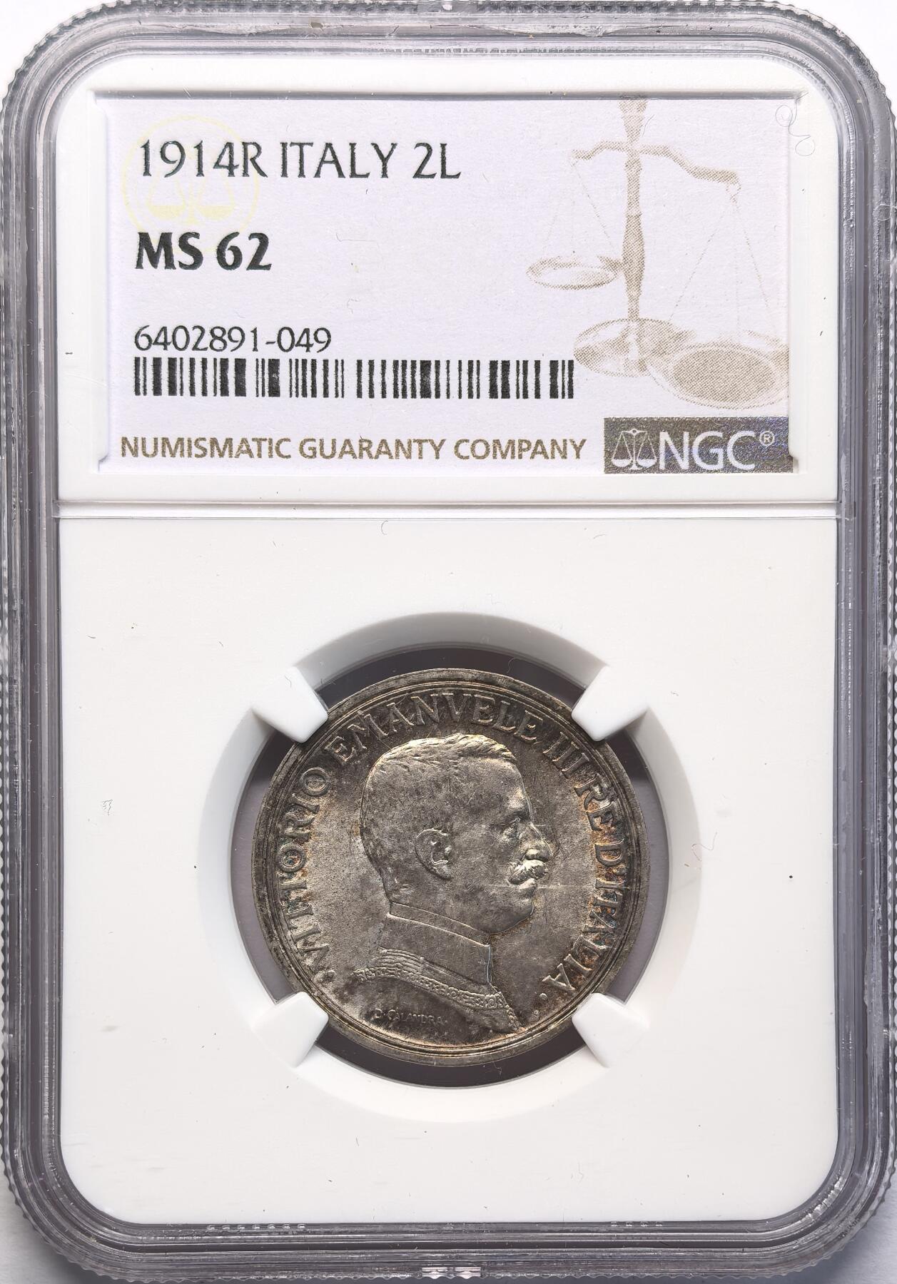 FXS世界钱币微拍第二百八十七期 1914R意大利马车2里拉银币NGC-MS62
